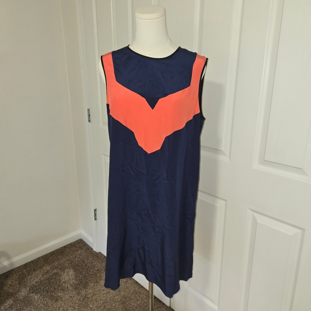 Jason Wu Silk Shift Dress Womens 6 Navy Blue Coral Colorblock Sleeveless Mini
